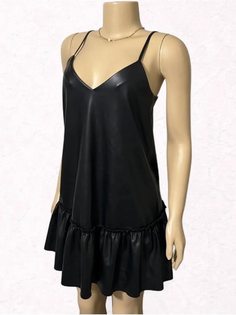 Express Strapless Black Vegan Leather Cocktail M Dress with Ruffle Bottom NWT